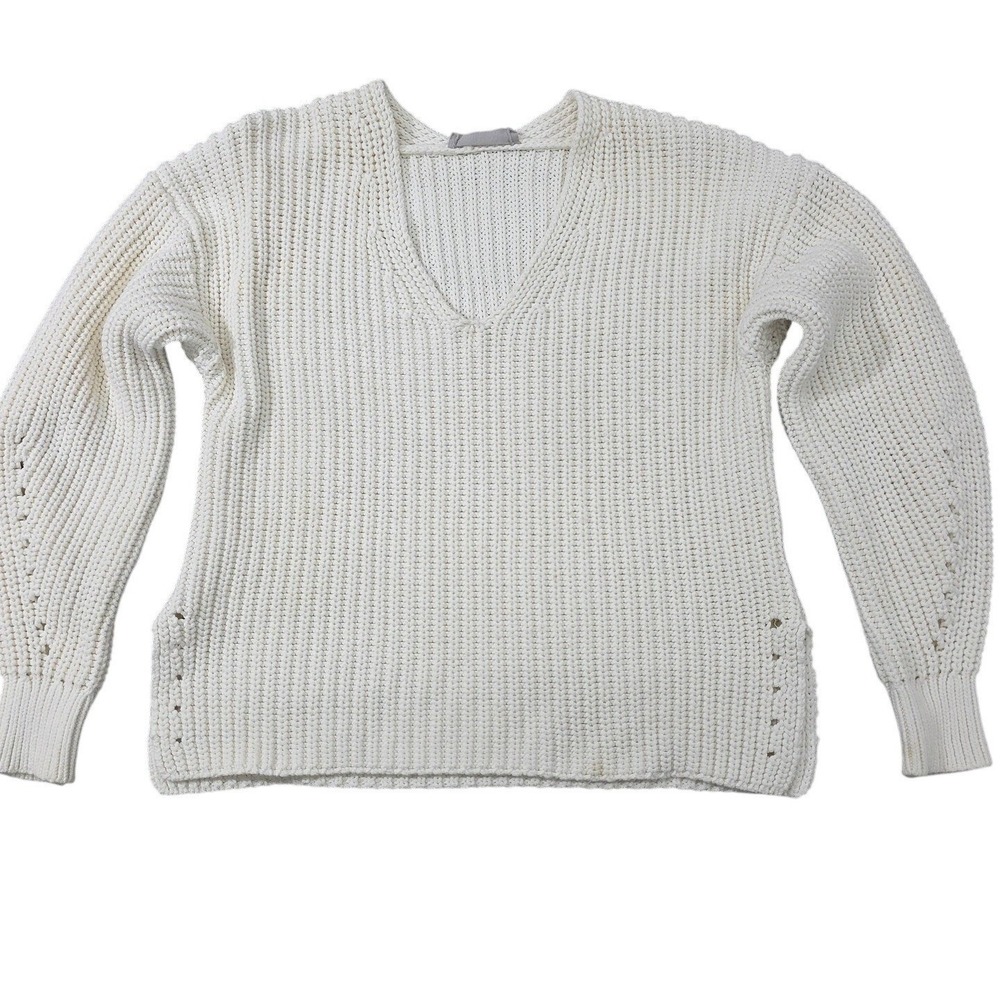 Everlane Sweater Womens Small Petit Cream White V-Neck Shaker Stitch Pointelle